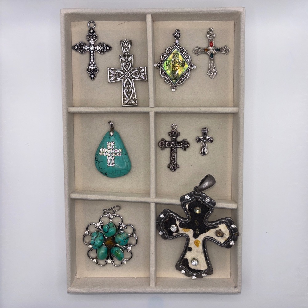 9pc Religious Cross Pendant Lot Faux Turquoise Rhinestone Cowhide Silver Tone